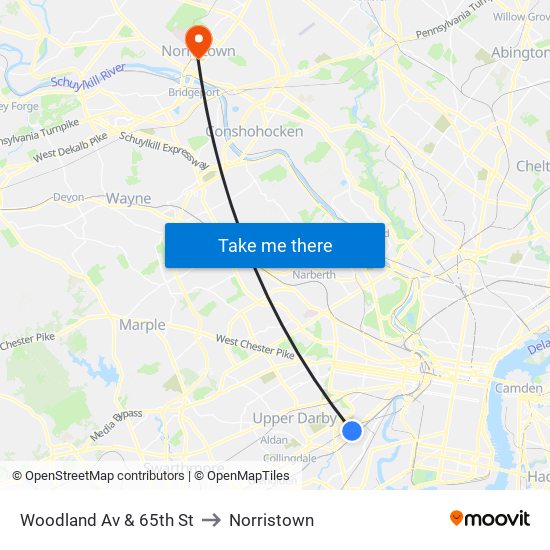 Woodland Av & 65th St to Norristown map