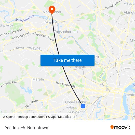 Yeadon to Norristown map