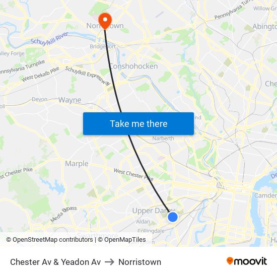 Chester Av & Yeadon Av to Norristown map
