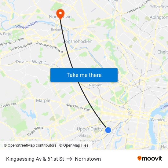 Kingsessing Av & 61st St to Norristown map