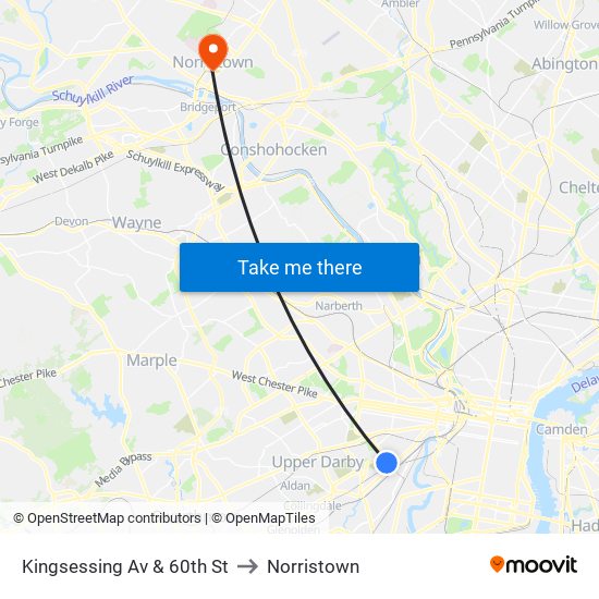 Kingsessing Av & 60th St to Norristown map