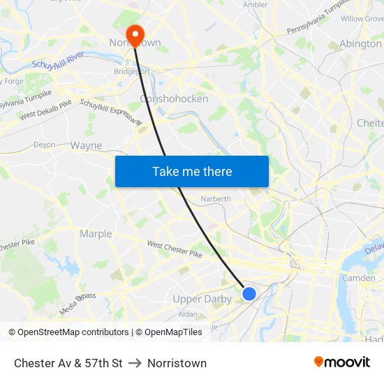 Chester Av & 57th St to Norristown map