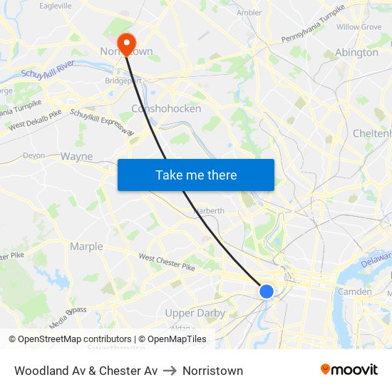 Woodland Av & Chester Av to Norristown map