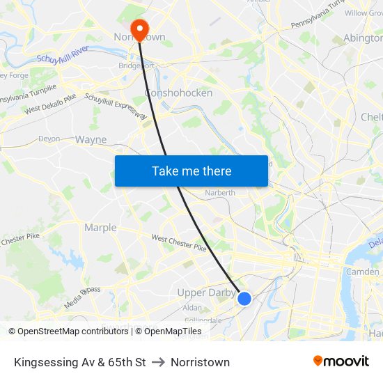 Kingsessing Av & 65th St to Norristown map