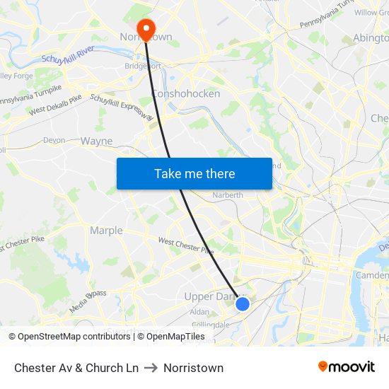 Chester Av & Church Ln to Norristown map