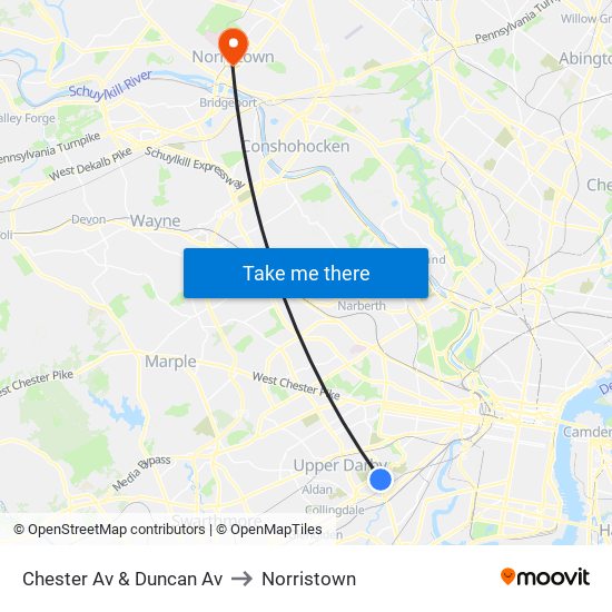 Chester Av & Duncan Av to Norristown map