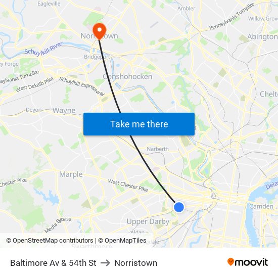 Baltimore Av & 54th St to Norristown map