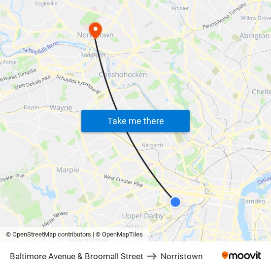 Baltimore Avenue & Broomall Street to Norristown map