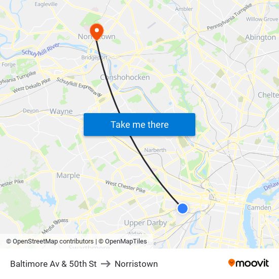 Baltimore Av & 50th St to Norristown map