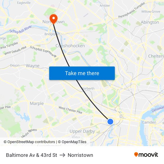 Baltimore Av & 43rd St to Norristown map