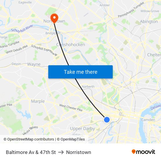 Baltimore Av & 47th St to Norristown map