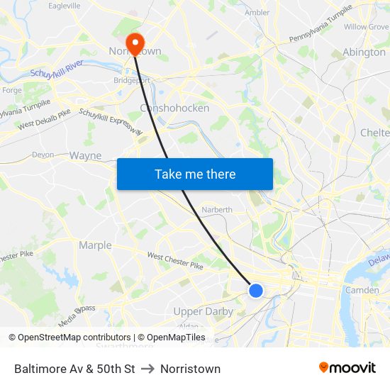 Baltimore Av & 50th St to Norristown map