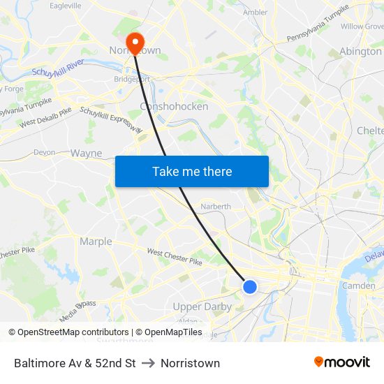 Baltimore Av & 52nd St to Norristown map