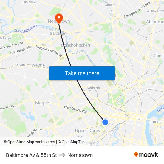 Baltimore Av & 55th St to Norristown map