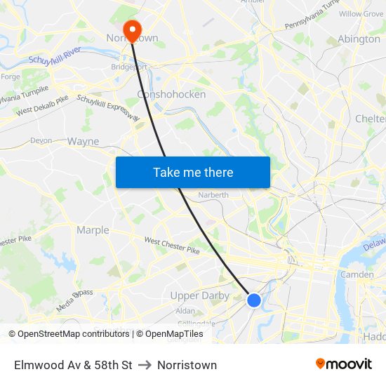 Elmwood Av & 58th St to Norristown map