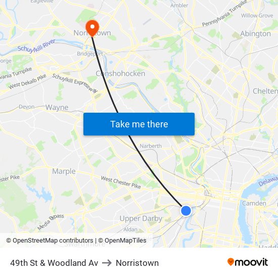 49th St & Woodland Av to Norristown map