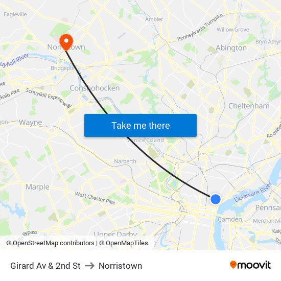 Girard Av & 2nd St to Norristown map