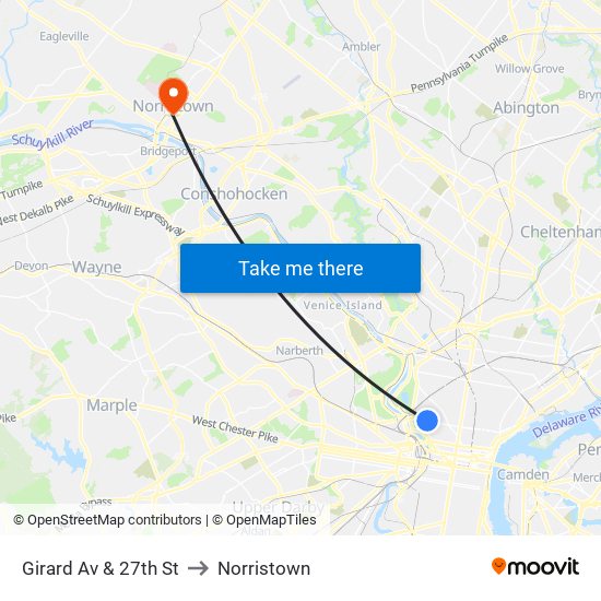 Girard Av & 27th St to Norristown map