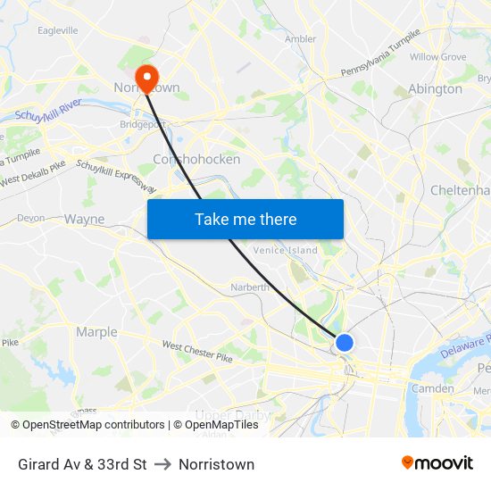 Girard Av & 33rd St to Norristown map