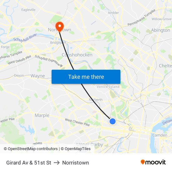 Girard Av & 51st St to Norristown map