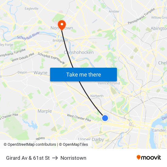 Girard Av & 61st St to Norristown map