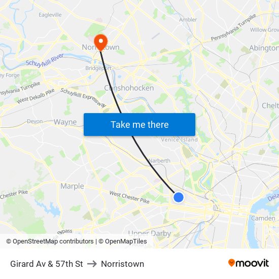 Girard Av & 57th St to Norristown map