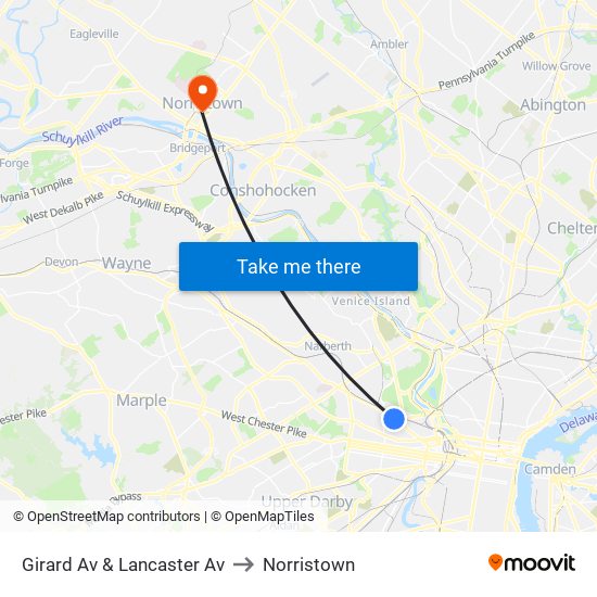 Girard Av & Lancaster Av to Norristown map