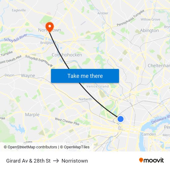 Girard Av & 28th St to Norristown map