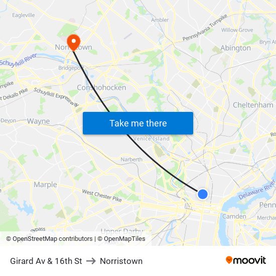 Girard Av & 16th St to Norristown map