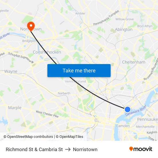 Richmond St & Cambria St to Norristown map