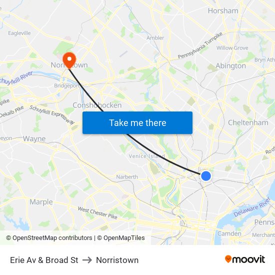 Erie Av & Broad St to Norristown map