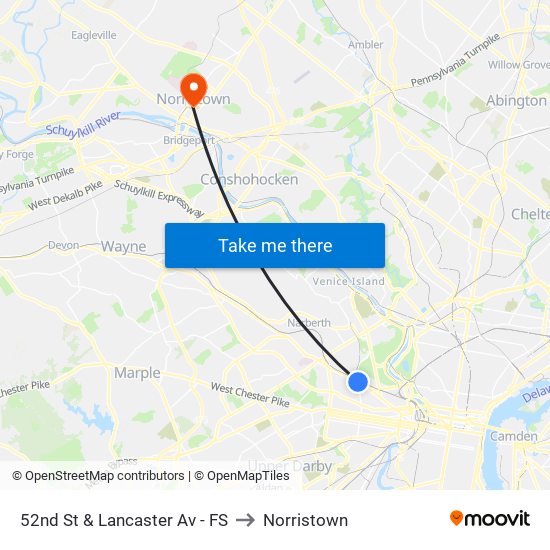 52nd St & Lancaster Av - FS to Norristown map