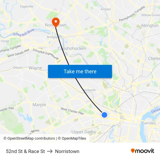52nd St & Race St to Norristown map