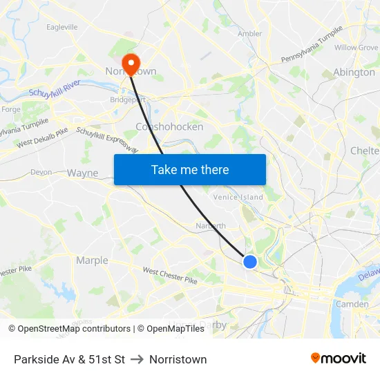 Parkside Av & 51st St to Norristown map