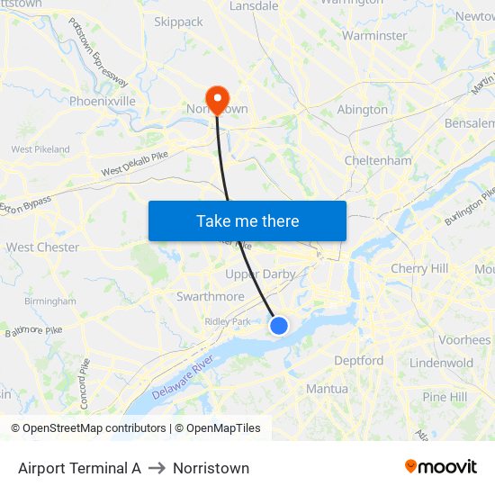 Airport Terminal A to Norristown map