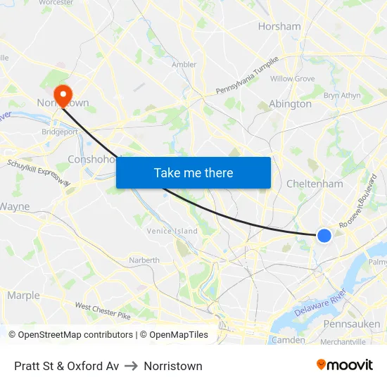 Pratt St & Oxford Av to Norristown map