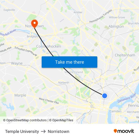 Temple University to Norristown map
