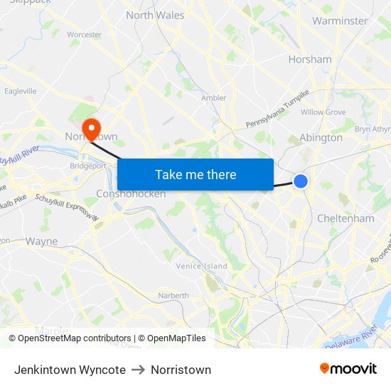 Jenkintown Wyncote to Norristown map