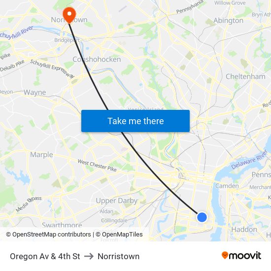 Oregon Av & 4th St to Norristown map