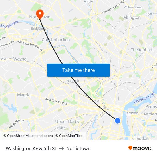 Washington Av & 5th St to Norristown map