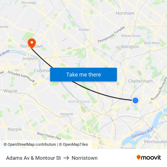 Adams Av & Montour St to Norristown map