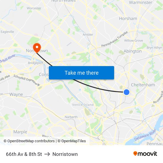66th Av & 8th St to Norristown map