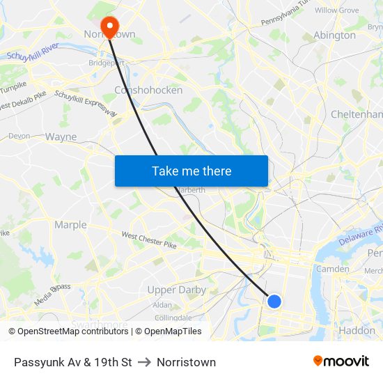 Passyunk Av & 19th St to Norristown map