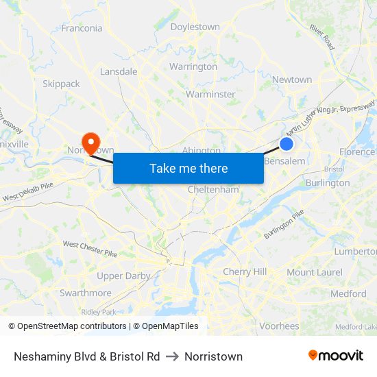 Neshaminy Blvd & Bristol Rd to Norristown map