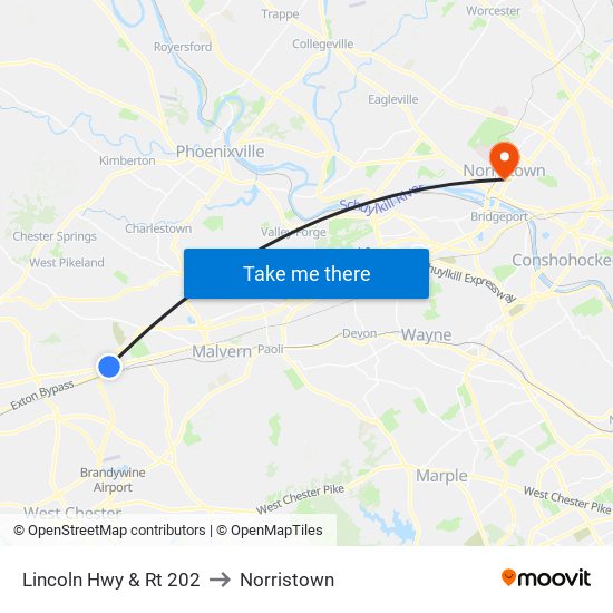 Lincoln Hwy & Rt 202 to Norristown map