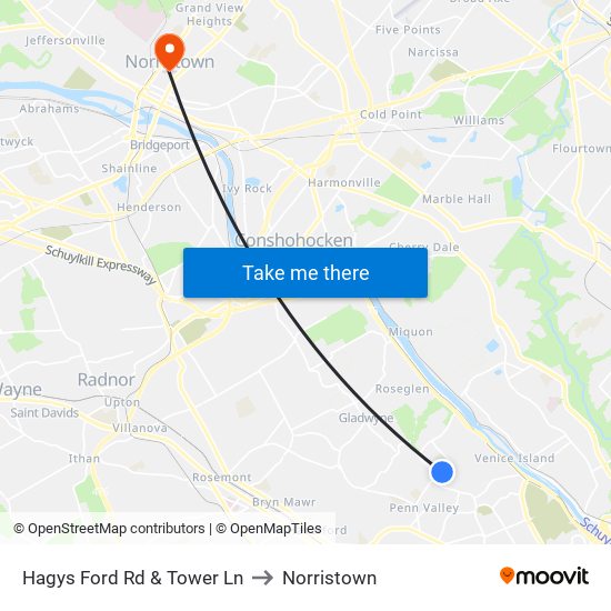 Hagys Ford Rd & Tower Ln to Norristown map
