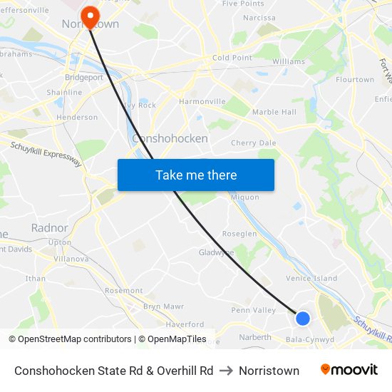 Conshohocken State Rd & Overhill Rd to Norristown map