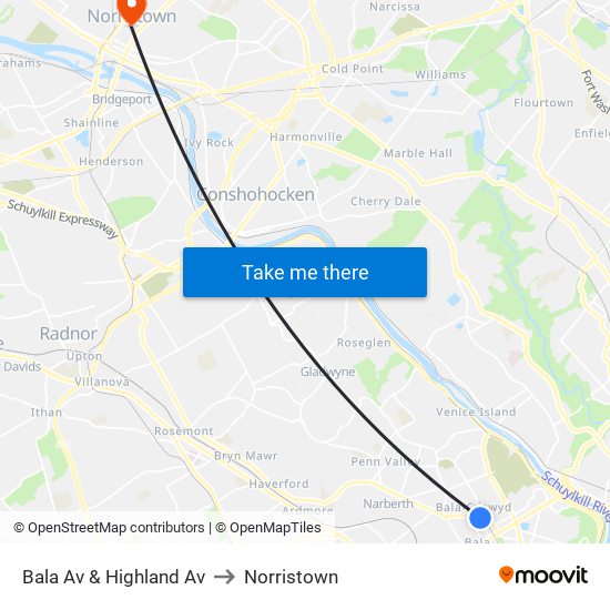 Bala Av & Highland Av to Norristown map