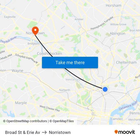 Broad St & Erie Av to Norristown map