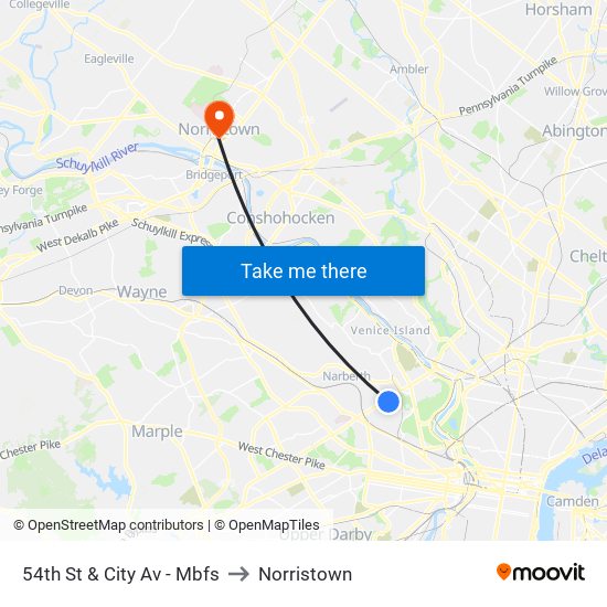 54th St & City Av - Mbfs to Norristown map